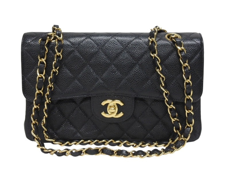 極美品 CHANEL シャネル マトラッセ23 Wフラップ Wチェーン ショルダーバッグ 7番台 キャビアスキン ココマーク ブラック ゴールド金具 中古 4b005256