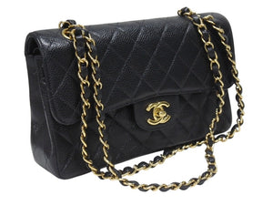 極美品 CHANEL シャネル マトラッセ23 Wフラップ Wチェーン ショルダーバッグ 7番台 キャビアスキン ココマーク ブラック ゴールド金具 中古 4b005256