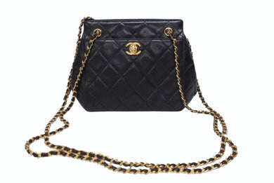 CHANEL シャネル Wチェーンショルダーバッグ 4番台 ココマーク ラムスキン ブラック ターンロックチャーム ゴールド金具 美品 中古 4b005258s