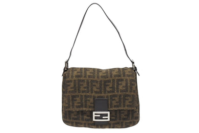 極美品 FENDI フェンディ マンマバケット ワンショルダーバッグ 26325 ズッカ柄 ブラウン ウール レザー シルバー金具 中古 4b005262