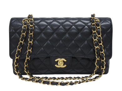 極美品 CHANEL シャネル マトラッセ25 Wフラップ チェーンショルダーバッグ 23番台 キャビアスキン ブラック ゴールド金具 中古 4b005265