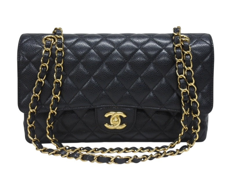 極美品 CHANEL シャネル マトラッセ25 Wフラップ チェーンショルダーバッグ 23番台 キャビアスキン ブラック ゴールド金具 中古 4b005265