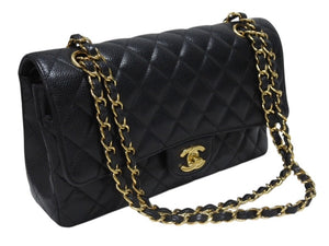 極美品 CHANEL シャネル マトラッセ25 Wフラップ チェーンショルダーバッグ 23番台 キャビアスキン ブラック ゴールド金具 中古 4b005265