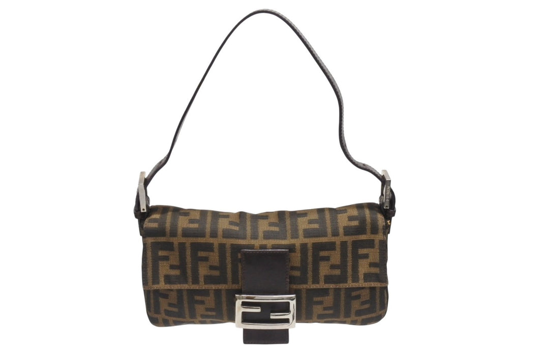 FENDI フェンディ ハンドバッグ ズッカ柄 マンマバケット ブラウン キャンバス レザー 26424 シルバー金具 美品 中古 4b005301