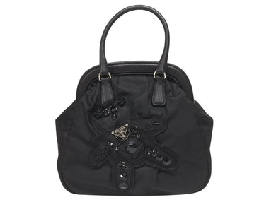 PRADA プラダ BearLogo ベアロゴ ハンドバッグ トライアングルロゴ 2020s ナイロン レザー ビジュー ブラック 美品 中古 4b005303