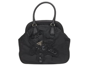 PRADA プラダ BearLogo ベアロゴ ハンドバッグ トライアングルロゴ 2020s ナイロン レザー ビジュー ブラック 美品 中古 4b005303