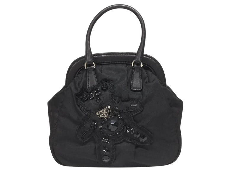 PRADA プラダ BearLogo ベアロゴ ハンドバッグ トライアングルロゴ 2020s ナイロン レザー ビジュー ブラック 美品 中古 4b005303