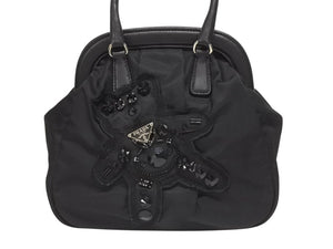 PRADA プラダ BearLogo ベアロゴ ハンドバッグ トライアングルロゴ 2020s ナイロン レザー ビジュー ブラック 美品 中古 4b005303