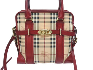 BURBERRY バーバリー ノバチェック 2WAY ハンドバッグ ベージュ レッド PVC レザー 3903157 ゴールド金具 美品 中古 4b005313