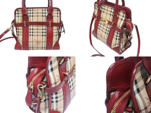 BURBERRY バーバリー ノバチェック 2WAY ハンドバッグ ベージュ レッド PVC レザー 3903157 ゴールド金具 美品 中古 4b005313