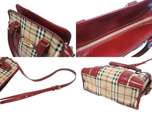 BURBERRY バーバリー ノバチェック 2WAY ハンドバッグ ベージュ レッド PVC レザー 3903157 ゴールド金具 美品 中古 4b005313