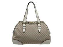 Load image into Gallery viewer, CELINE セリーヌ マカダム柄 ハンドバッグ ミニボストンバッグ ベージュ ホワイト キャンバス レザー 型押し シルバー金具 美品 中古 4b005321
