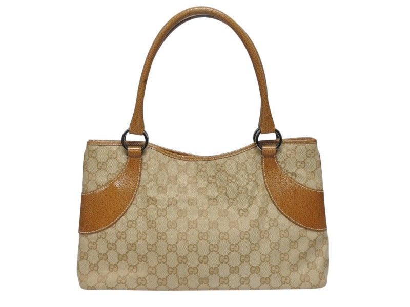 極美品 GUCCI グッチ ハンドバッグ トートバッグ 113015 GGキャンバス レザー ベージュ シルバー金具 中古 4b005331