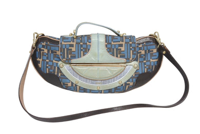 FENDI フェンディ ハンドバッグ 2WAY ショルダーバッグ キャンバス レザー ブルー ゴールド金具 良品 中古 4b005346