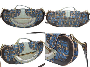 FENDI フェンディ ハンドバッグ 2WAY ショルダーバッグ キャンバス レザー ブルー ゴールド金具 良品 中古 4b005346