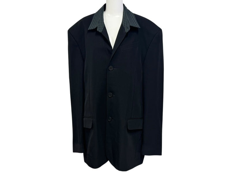 BALENCIAGA バレンシアガ 21SS テーラードジャケット 658941 サイズXXS ブラック グリーン チェック柄 ラペル切替 美品 中古 4b005374