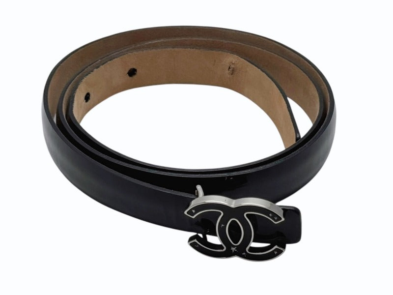 CHANEL シャネル レザーベルト B12 P刻印 サイズ70/28 ココマーク スター パテント エナメル ブラック 良品 中古 4b005391
