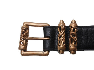 激レア 極美品 CHROME HEARTS クロムハーツ ブロンズ 3PC ローラー ベルト ブラック ゴールド サイズ36 レザー 中古 4b005411