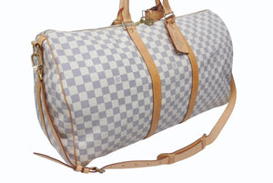 LOUIS VUITTON ルイヴィトン ダミエ アズール キーポル55 ボストンバッグ N41429 PVC ヌメ革 ホワイト ブラウン 美品 中古 4b005433
