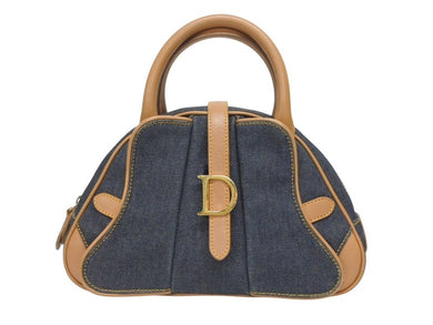 CHRISTIAN DIOR クリスチャンディオール ミニハンドバッグ ダブルサドルバッグ BO E 0501 ネイビー ブラウン ゴールド金具 美品 中古 4b005435