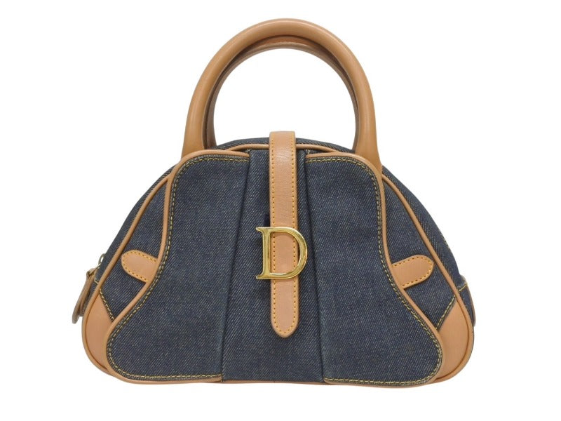 CHRISTIAN DIOR クリスチャンディオール ミニハンドバッグ ダブルサドルバッグ BO E 0501 ネイビー ブラウン ゴールド金具 美品 中古 4b005435