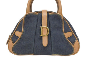 CHRISTIAN DIOR クリスチャンディオール ミニハンドバッグ ダブルサドルバッグ BO E 0501 ネイビー ブラウン ゴールド金具 美品 中古 4b005435