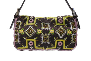 極美品 FENDI フェンディ ビーズ刺繍 マンマバケット ハンドバッグ ブラック マルチカラー キャンバス ビーズ レザー ワンショルダー 26424 中古 4b005436