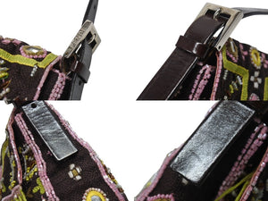 極美品 FENDI フェンディ ビーズ刺繍 マンマバケット ハンドバッグ ブラック マルチカラー キャンバス ビーズ レザー ワンショルダー 26424 中古 4b005436