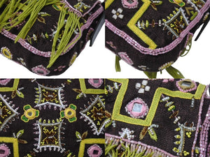 極美品 FENDI フェンディ ビーズ刺繍 マンマバケット ハンドバッグ ブラック マルチカラー キャンバス ビーズ レザー ワンショルダー 26424 中古 4b005436