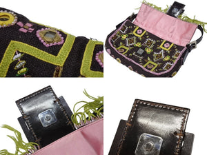 極美品 FENDI フェンディ ビーズ刺繍 マンマバケット ハンドバッグ ブラック マルチカラー キャンバス ビーズ レザー ワンショルダー 26424 中古 4b005436