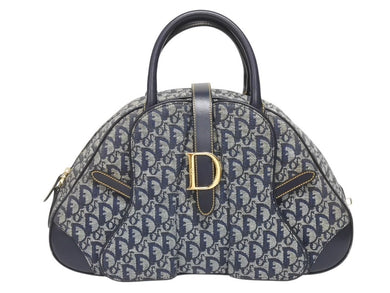 Christian Dior クリスチャンディオール ダブルサドルバッグ トロッター キャンバス レザー ネイビー ゴールド金具 美品 中古 4b005453