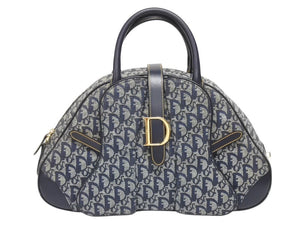 Christian Dior クリスチャンディオール ダブルサドルバッグ トロッター キャンバス レザー ネイビー ゴールド金具 美品 中古 4b005453