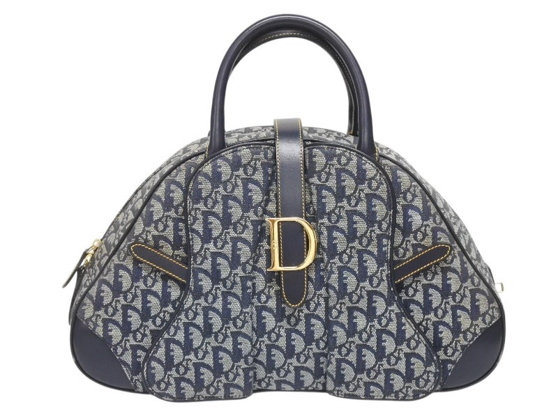 Christian Dior クリスチャンディオール ダブルサドルバッグ トロッター キャンバス レザー ネイビー ゴールド金具 美品 中古 4b005453