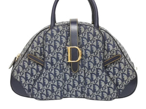 Christian Dior クリスチャンディオール ダブルサドルバッグ トロッター キャンバス レザー ネイビー ゴールド金具 美品 中古 4b005453
