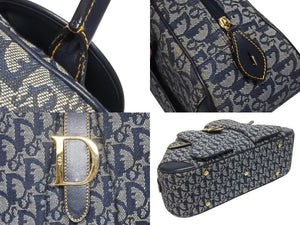 Christian Dior クリスチャンディオール ダブルサドルバッグ トロッター キャンバス レザー ネイビー ゴールド金具 美品 中古 4b005453