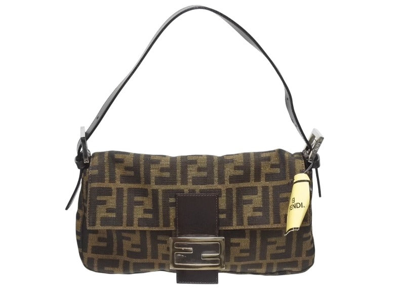 極美品 FENDI フェンディ ハンドバッグ ズッカ柄 マンマバケット ブラウン キャンバス レザー 25124 シルバー金具 中古 4b005465