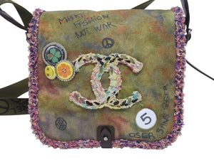 極美品 CHANEL シャネル エンブロイダリー グラフィティ ショルダーバッグ A92789 ココマーク 21番台 カーキ 中古 4b005470