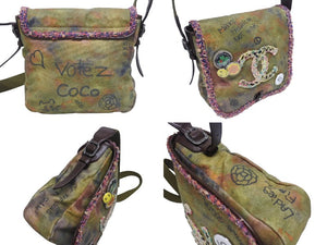 極美品 CHANEL シャネル エンブロイダリー グラフィティ ショルダーバッグ A92789 ココマーク 21番台 カーキ 中古 4b005470