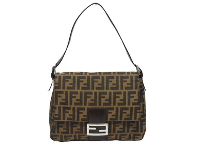 極美品 FENDI フェンディ マンマバケット ワンショルダーバッグ 26325 ズッカ柄 キャンバス レザー ブラウン シルバー金具 中古 4b005475