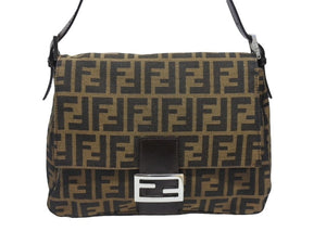 極美品 FENDI フェンディ マンマバケット ワンショルダーバッグ 26325 ズッカ柄 キャンバス レザー ブラウン シルバー金具 中古 4b005475