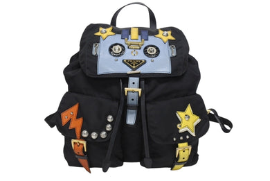 PRADA プラダ リュック テスート ロボット パッチ トライアングルロゴ 1BZ811 ナイロン レザー ブラック マルチカラー 美品 中古 4b005584