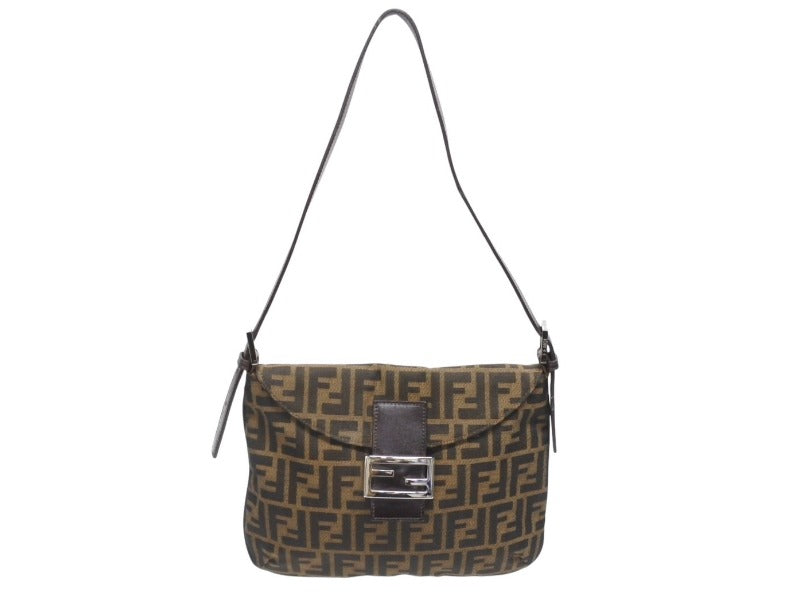 極美品 FENDI フェンディ マンマバケット ワンショルダーバッグ ズッカ柄 キャンバス レザー ブラウン シルバー金具 美品 中古 4b005602