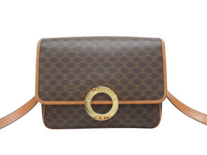 CELINE セリーヌ マカダム デカサークル金具 フラップ ショルダーバッグ M13 イタリア製 ブラウン ゴールド金具 美品 中古 4b005605