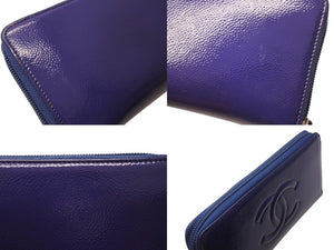 極美品 CHANEL シャネル ラウンドファスナーウォレット 長財布 22番台 パテントレザー エナメル パープル シルバー金具 中古 4b005657