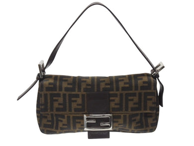 極美品 FENDI フェンディ マンマバケット ワンショルダーバッグ 26424 ズッカ柄 キャンバス レザー ブラウン シルバー金具 中古 4b005677
