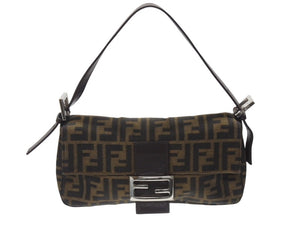 極美品 FENDI フェンディ マンマバケット ワンショルダーバッグ 26424 ズッカ柄 キャンバス レザー ブラウン シルバー金具 中古 4b005677