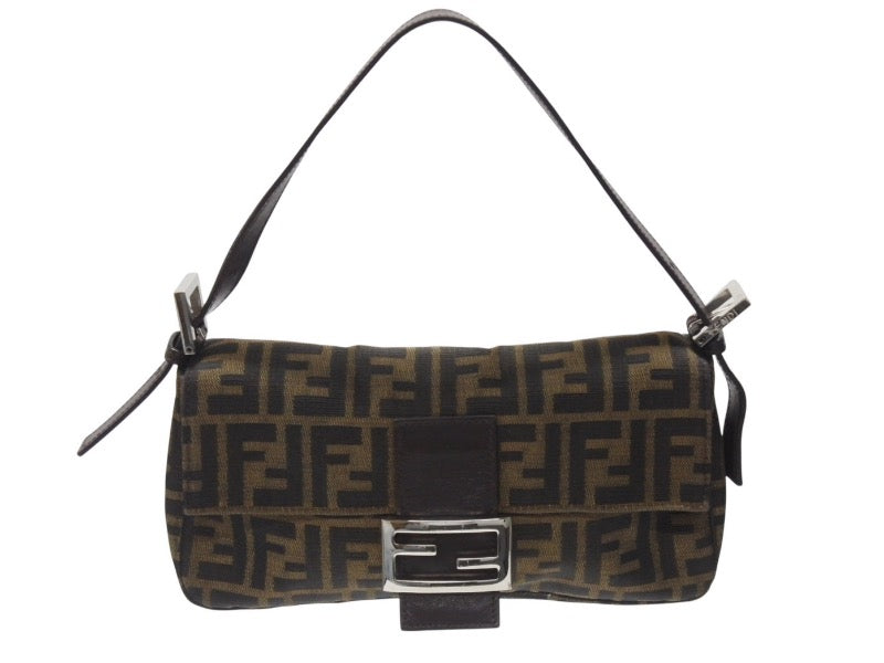 極美品 FENDI フェンディ マンマバケット ワンショルダーバッグ 26424 ズッカ柄 キャンバス レザー ブラウン シルバー金具 中古 4b005677
