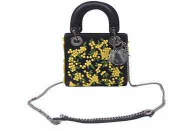 新品未使用 Christian Dior クリスチャンディオール Lady Dior レディディオール スモール 2WAYバッグ 刺繍 サテン ブラック イエロー 中古 4b005678