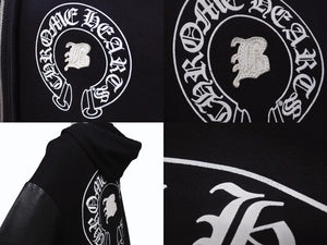CHROME HEARTS × Bella Hadid クロムハーツ ベラハディッド イニシャルパッチロゴ ダガージップ レザー切り替えロング丈パーカー ブラック サイズXS 美品 中古 4b005693