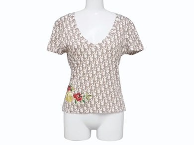 極美品 Christian Dior クリスチャンディオール Vネック半袖Tシャツ 5E16155951 サイズ40 ガリアーノ期 トロッター 花刺繍 中古 4b005704